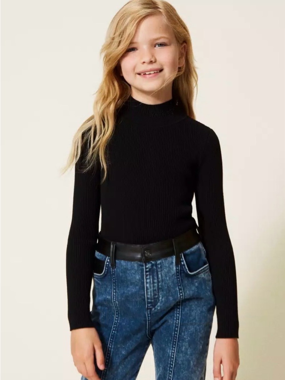 TWINSET Milano Girls Ribbed Turtleneck Sweater with embroidered logo, Black, 10Y